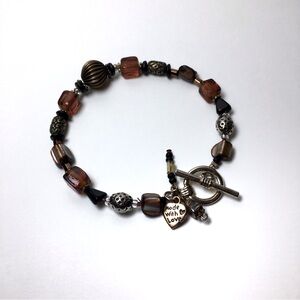 8” Bead Toggle Bracelet Browns Brass Silver Tone